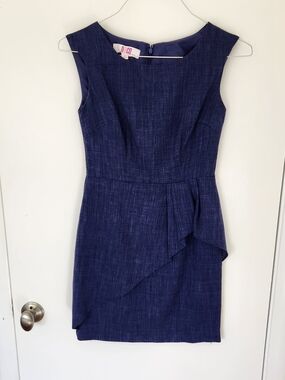 Sleeveless Navy Sheath Dress with Side Ruffle